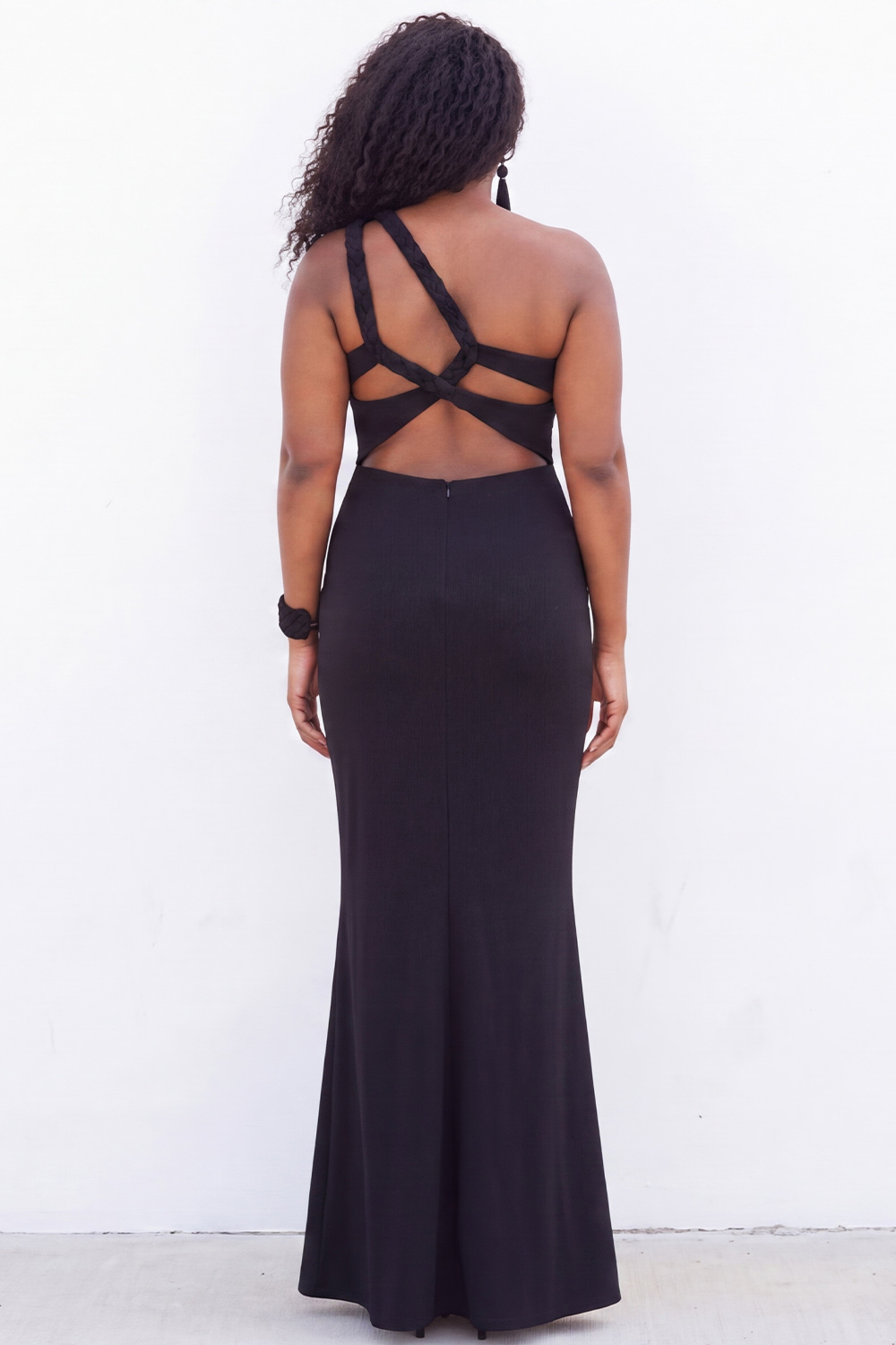 Black Plus Size Mermaid One Shoulder Cut Out Long Formal Dress