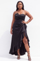 Strapless Black Satin Asymmetrical Ruffle Plus Size Formal Dress with Slit 