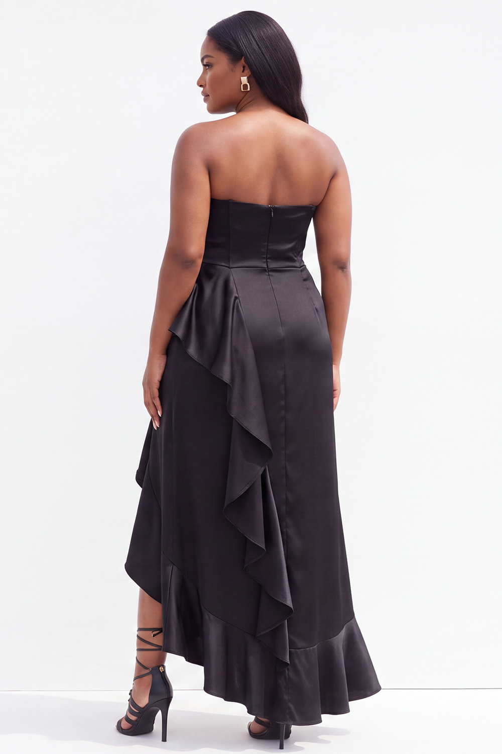 Strapless Black Satin Asymmetrical Ruffle Plus Size Formal Dress with Slit 