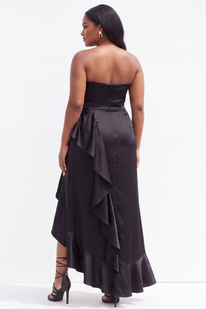 Strapless Black Satin Asymmetrical Ruffle Plus Size Formal Dress with Slit 