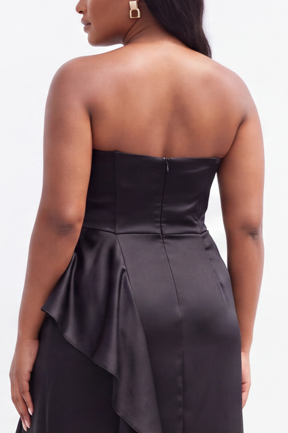Strapless Black Satin Asymmetrical Ruffle Plus Size Formal Dress with Slit 