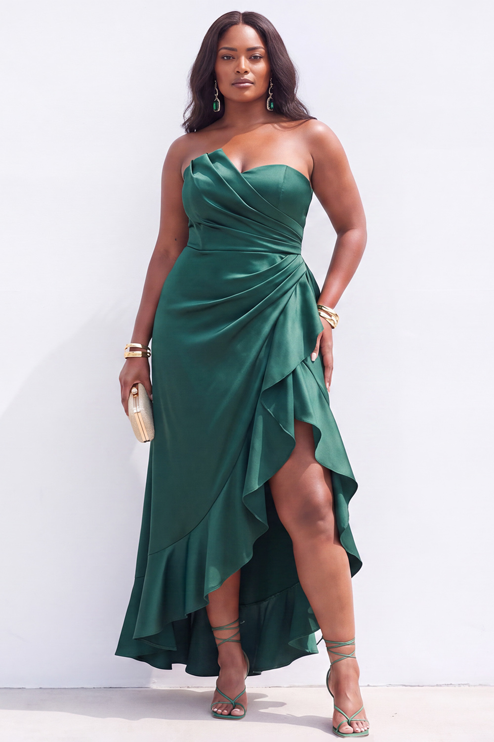 Strapless Black Satin Asymmetrical Ruffle Plus Size Formal Dress with Slit 