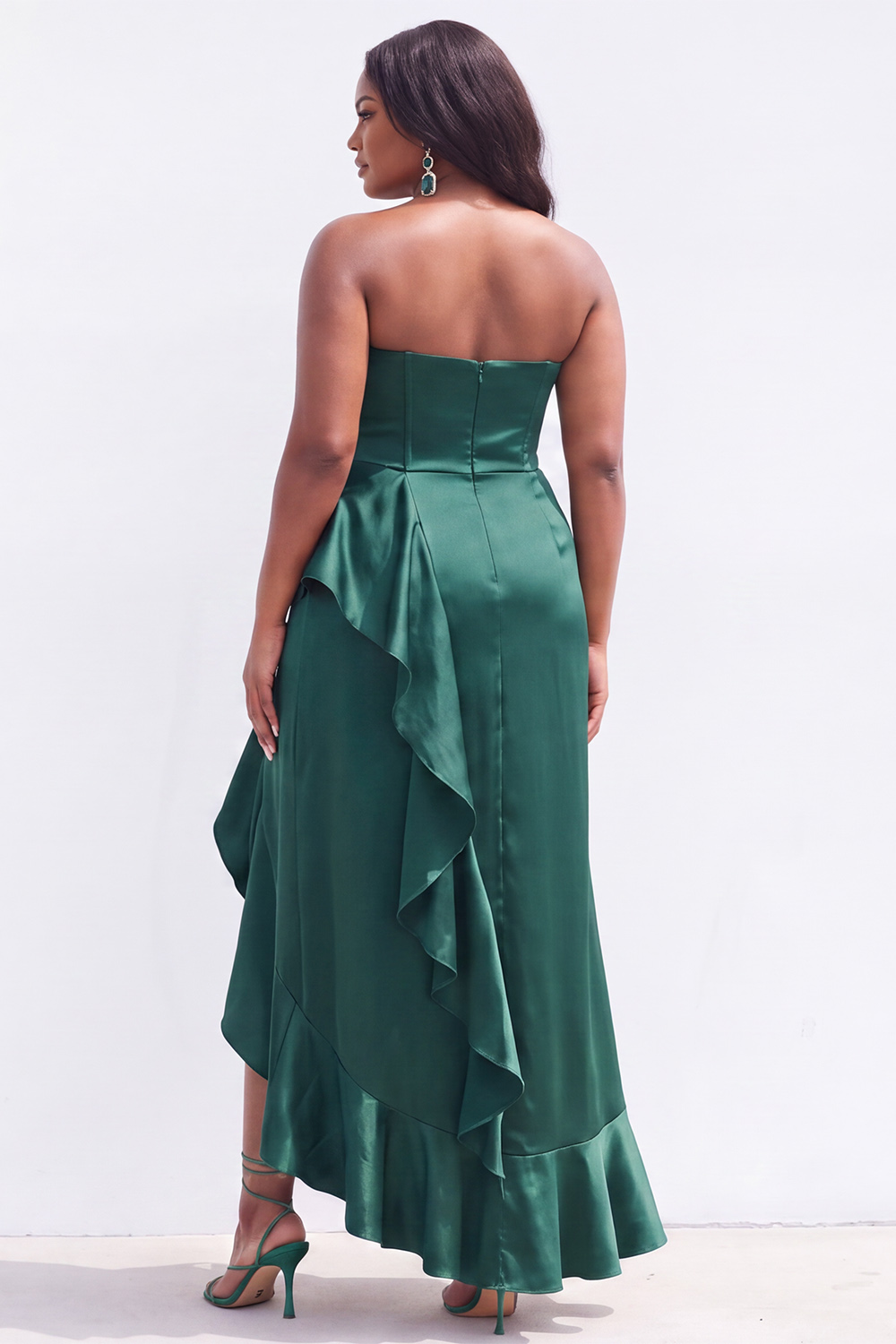 Strapless Black Satin Asymmetrical Ruffle Plus Size Formal Dress with Slit 