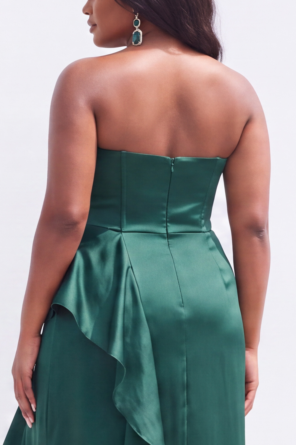 Strapless Black Satin Asymmetrical Ruffle Plus Size Formal Dress with Slit 