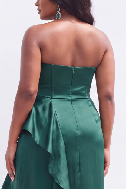 Strapless Black Satin Asymmetrical Ruffle Plus Size Formal Dress with Slit 