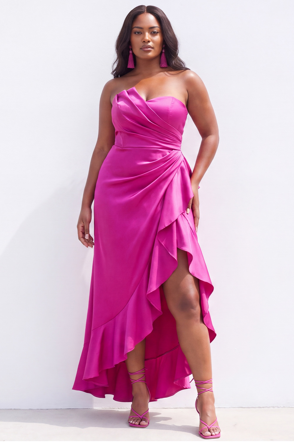 Dressself Women Strapless Black Plus Size Formal Dress Satin Asymmetrical Ruffle Semi-Formal Dress with Slit
