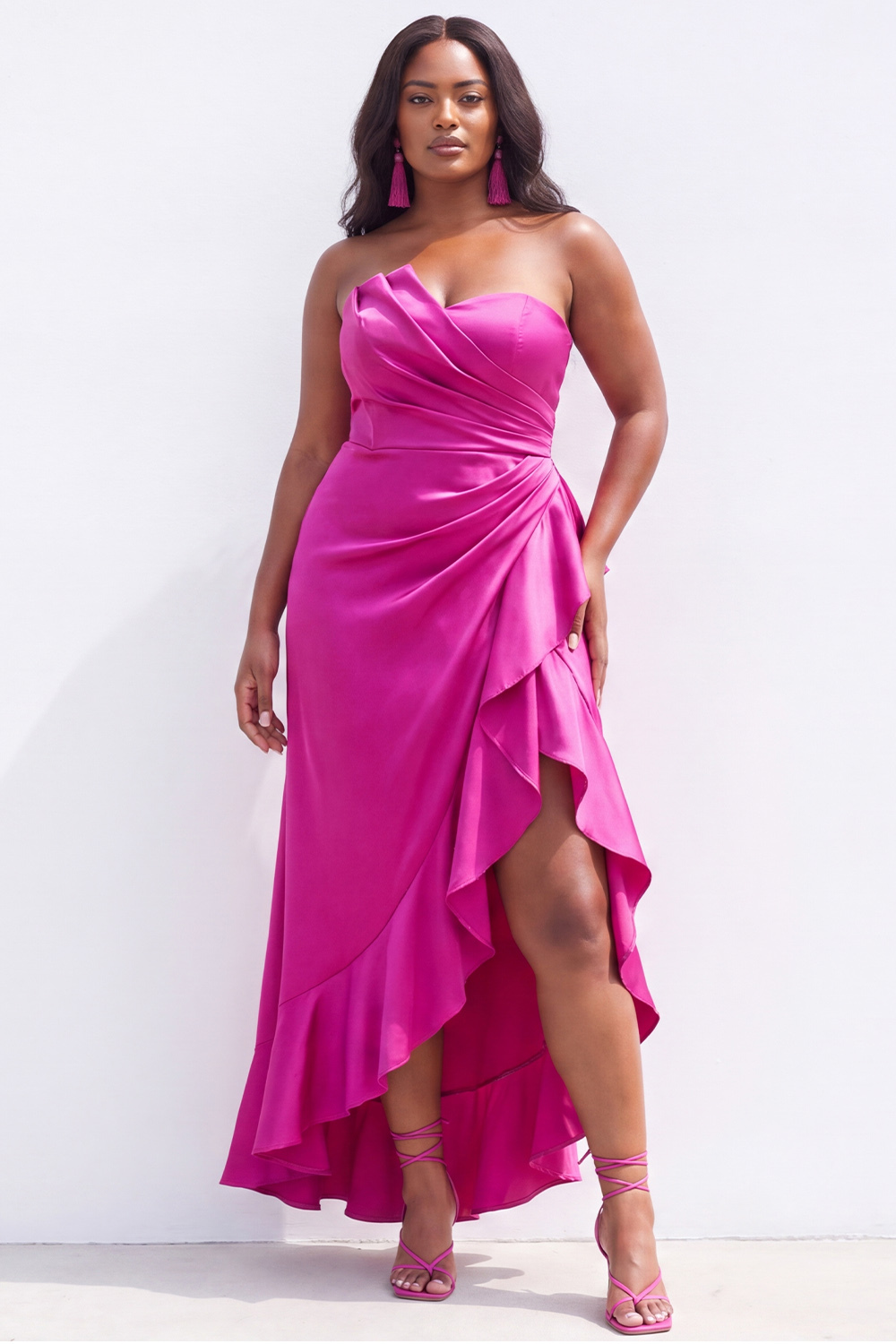 Dressself Women Strapless Black Plus Size Formal Dress Satin Asymmetrical Ruffle Semi-Formal Dress with Slit