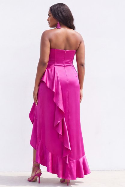 Strapless Black Satin Asymmetrical Ruffle Plus Size Formal Dress with Slit 