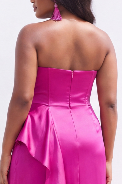 Strapless Black Satin Asymmetrical Ruffle Plus Size Formal Dress with Slit 