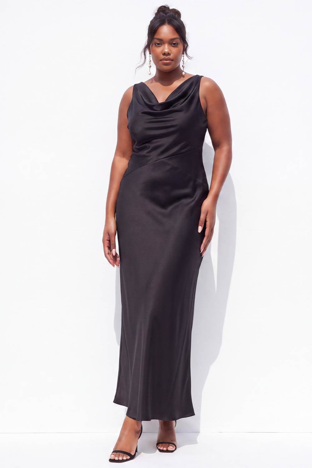 Plus Size Black Sheath Cowl Neck Satin Formal Dress