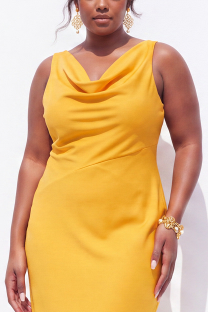 Plus Size Black Sheath Cowl Neck Satin Formal Dress
