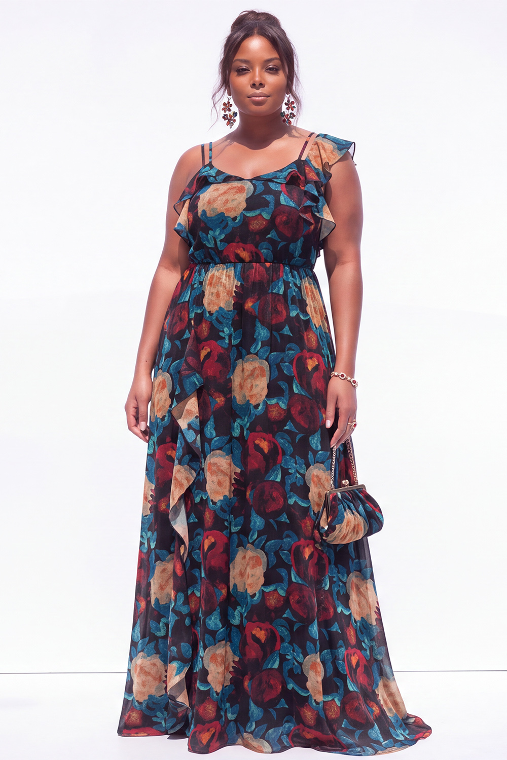 Black Blue Flower Printed Velvet Plus Size A Line Ruffled Maxi Dress