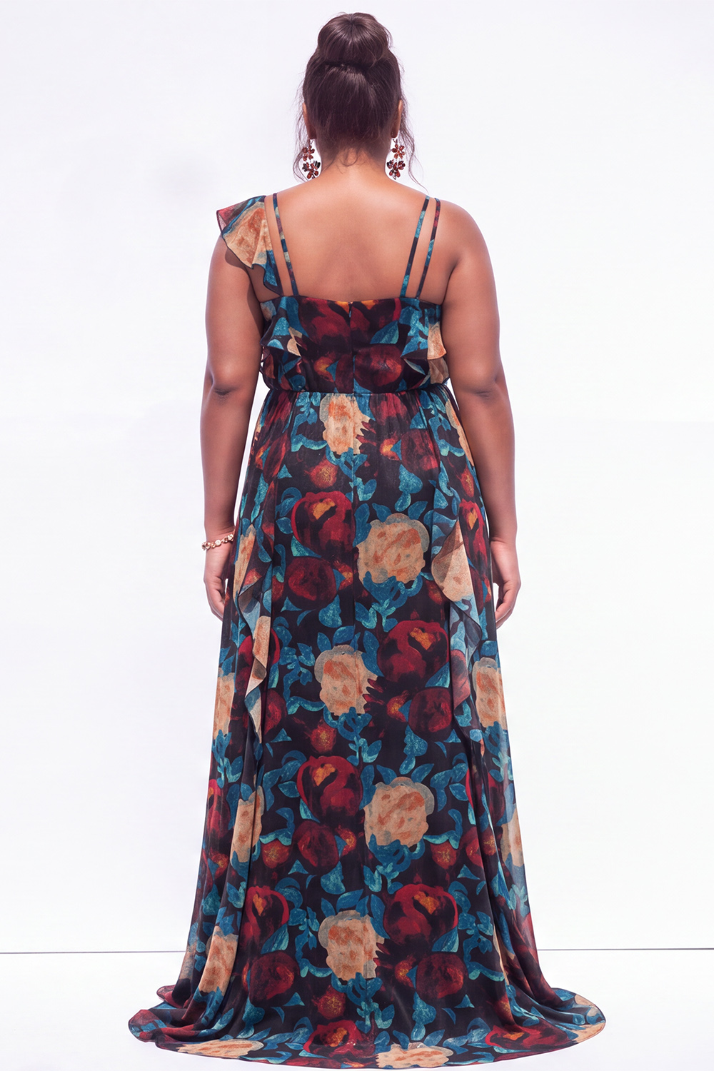 Black Blue Flower Printed Velvet Plus Size A Line Ruffled Maxi Dress