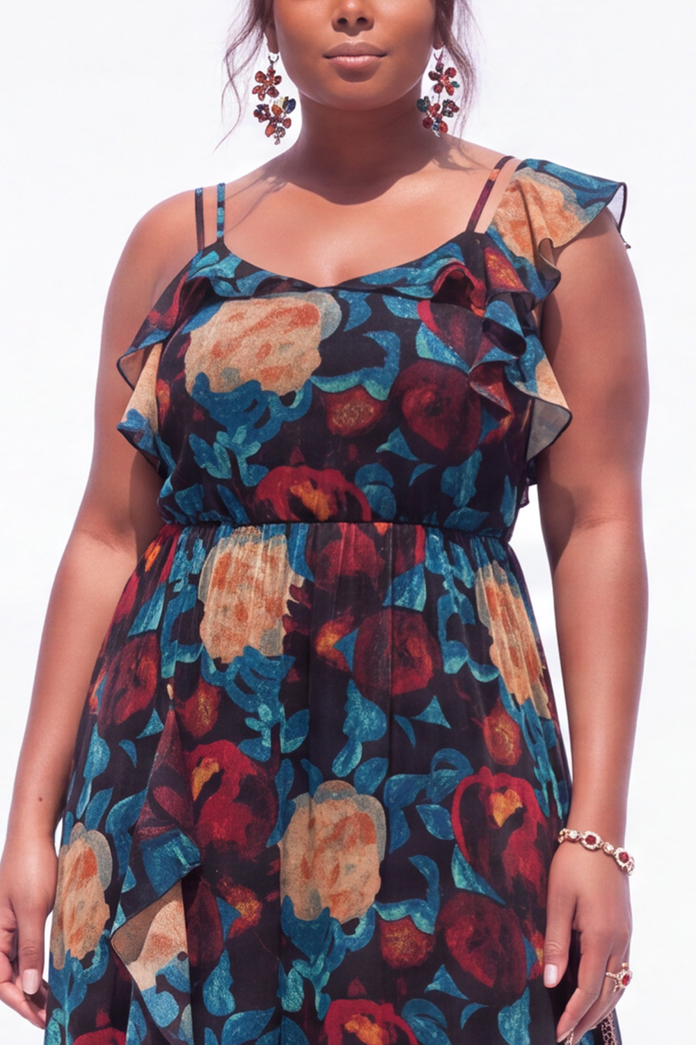 Black Blue Flower Printed Velvet Plus Size A Line Ruffled Maxi Dress