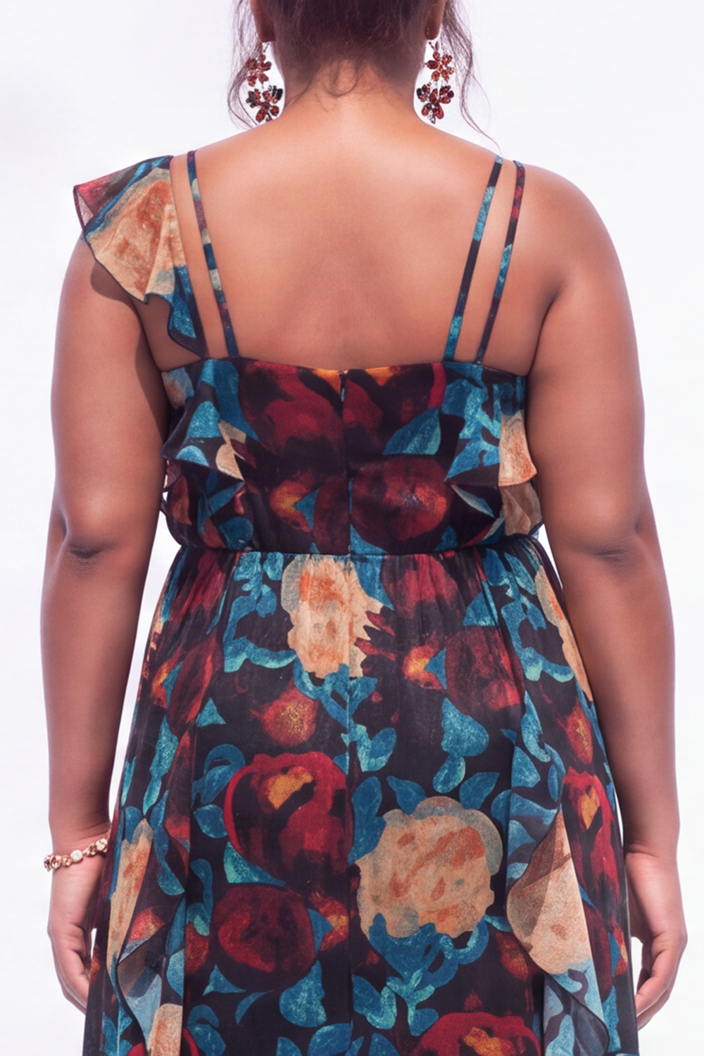 Black Blue Flower Printed Velvet Plus Size A Line Ruffled Maxi Dress