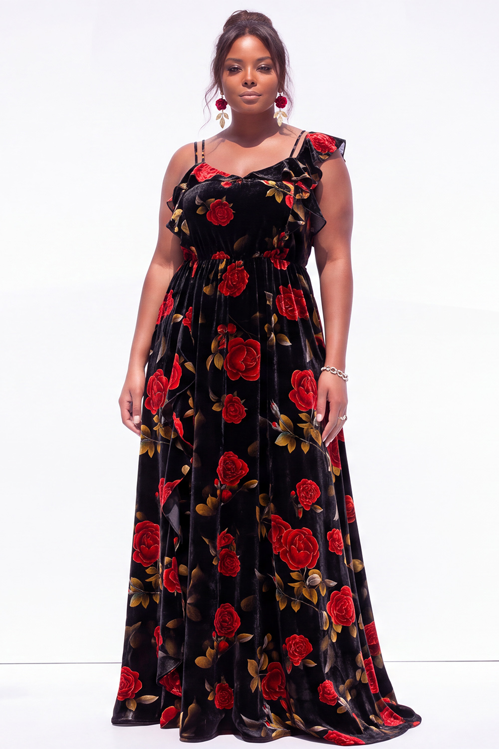 Black Blue Flower Printed Velvet Plus Size A Line Ruffled Maxi Dress