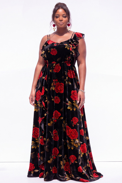 Black Blue Flower Printed Velvet Plus Size A Line Ruffled Maxi Dress