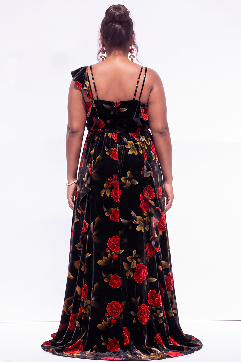 Black Blue Flower Printed Velvet Plus Size A Line Ruffled Maxi Dress