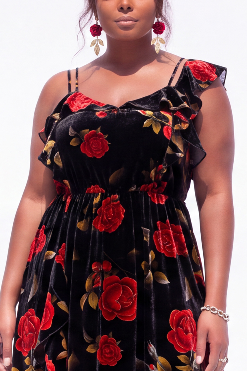 Black Blue Flower Printed Velvet Plus Size A Line Ruffled Maxi Dress