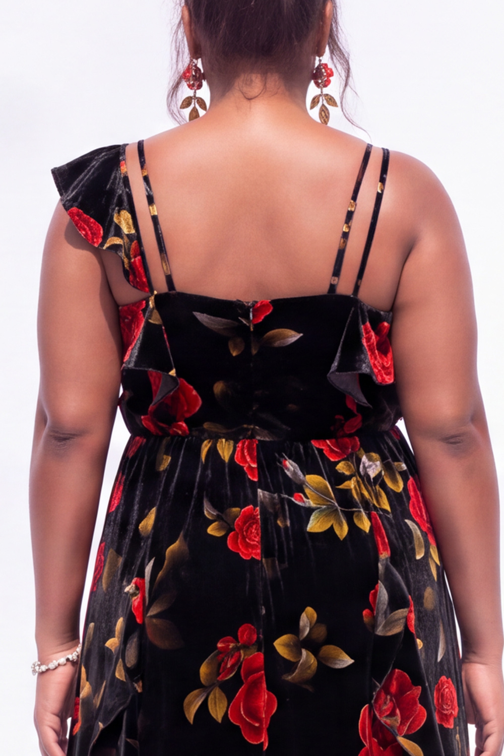 Black Blue Flower Printed Velvet Plus Size A Line Ruffled Maxi Dress