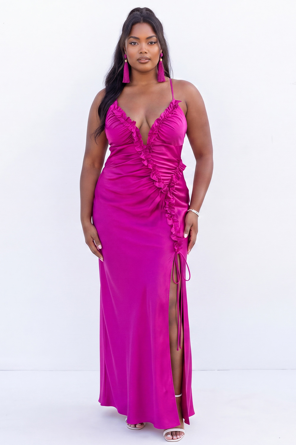 Plus Size Royal Blue Sheath Ruched Ruffle Maxi Dress with Slit