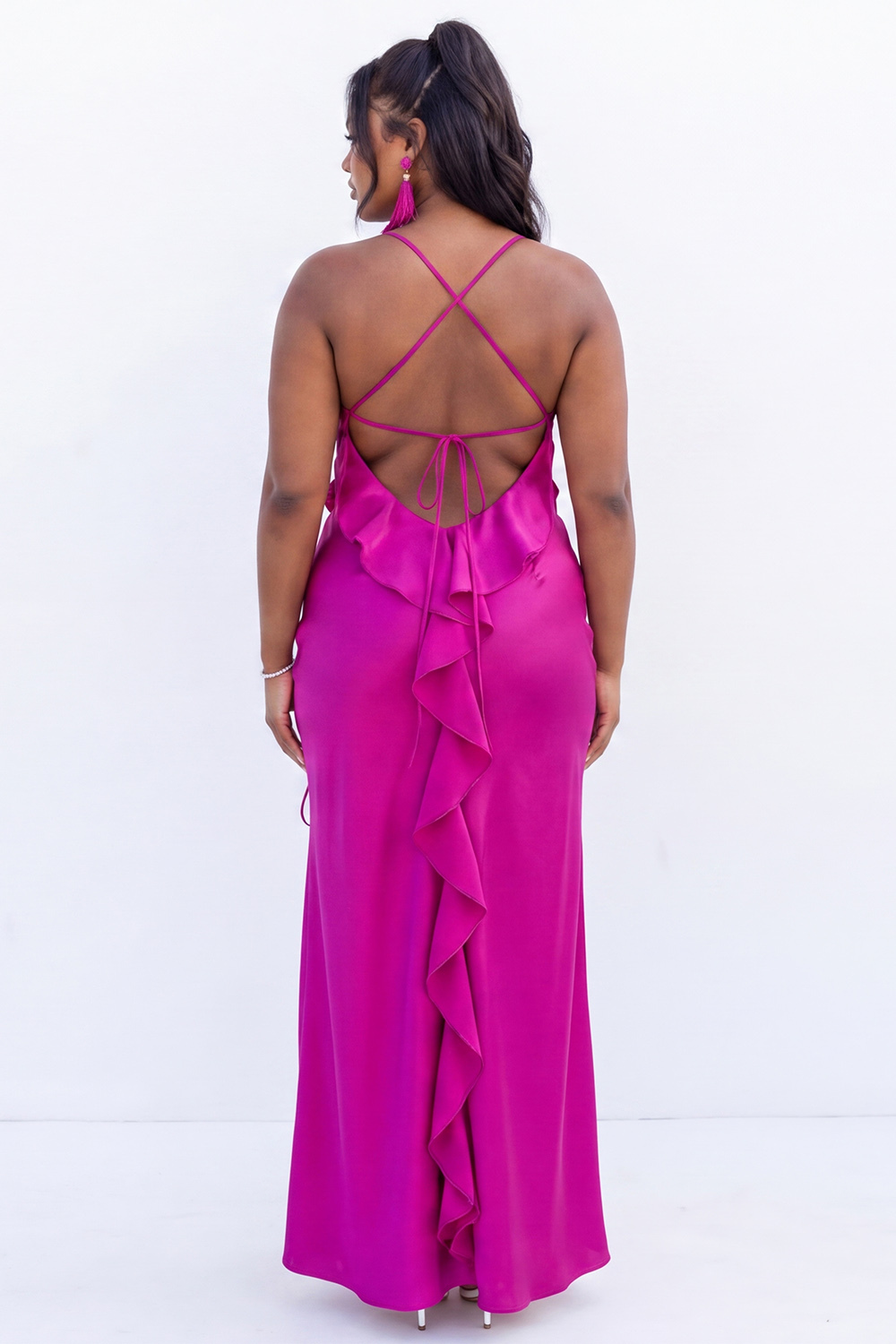 Plus Size Royal Blue Sheath Ruched Ruffle Maxi Dress with Slit