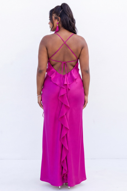 Plus Size Royal Blue Sheath Ruched Ruffle Maxi Dress with Slit