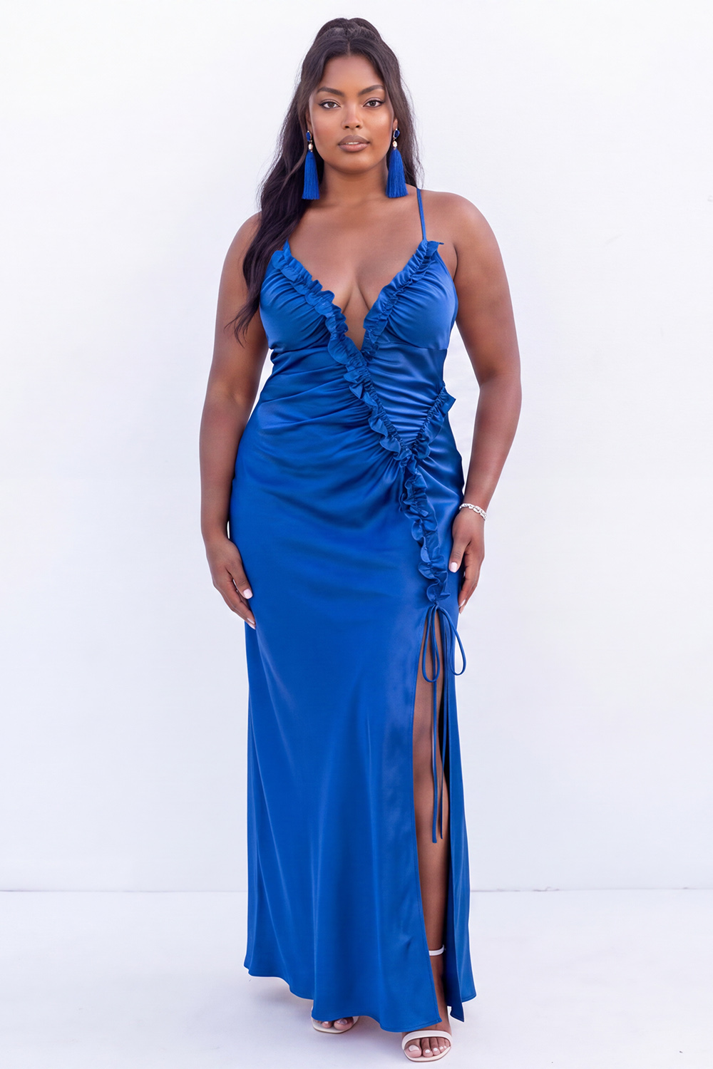 Plus Size Royal Blue Sheath Ruched Ruffle Maxi Dress with Slit