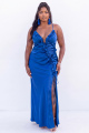 Plus Size Royal Blue Sheath Ruched Ruffle Maxi Dress with Slit