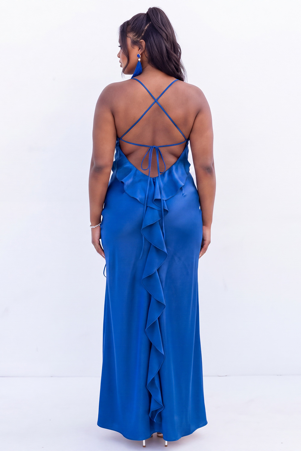 Plus Size Royal Blue Sheath Ruched Ruffle Maxi Dress with Slit