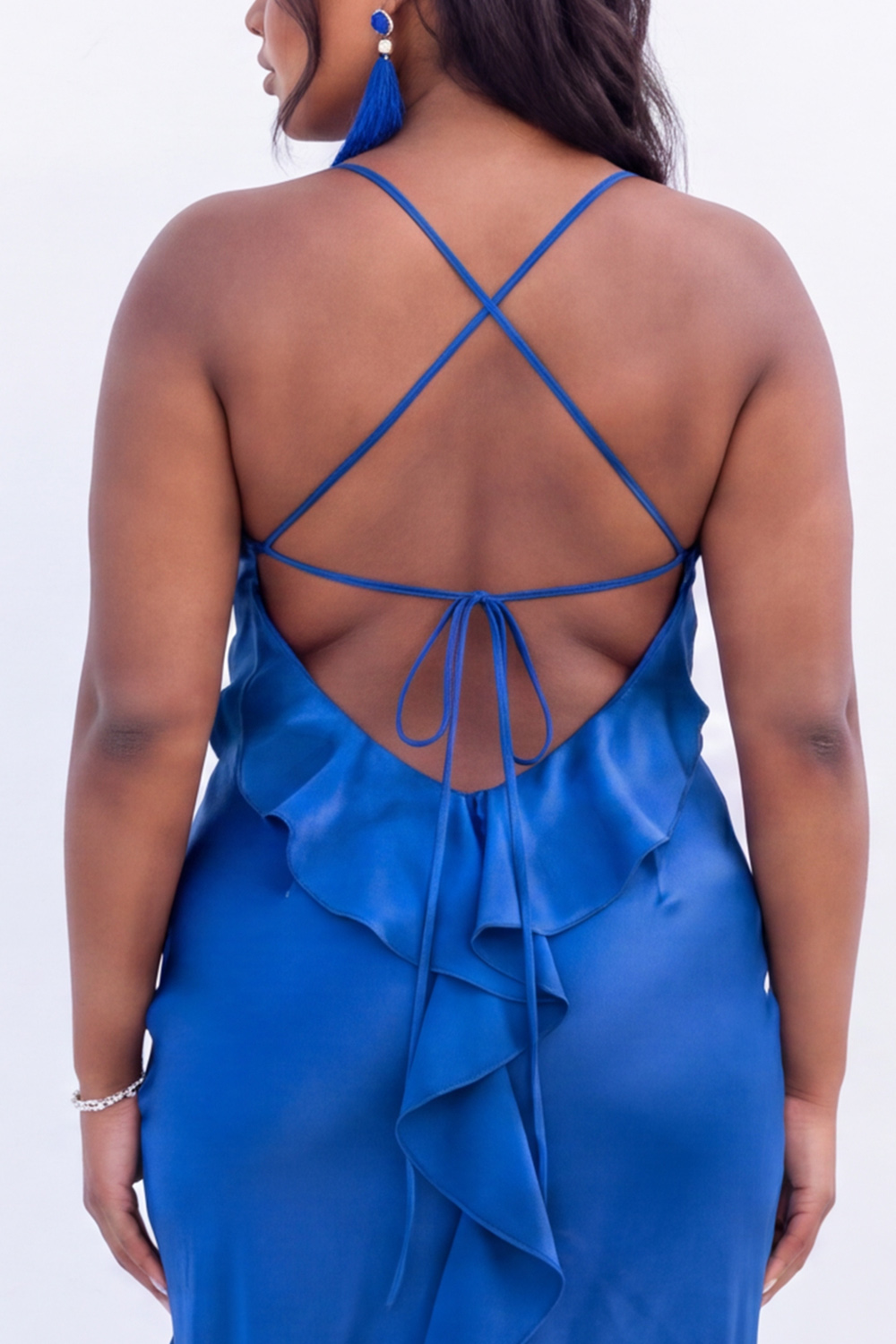 Plus Size Royal Blue Sheath Ruched Ruffle Maxi Dress with Slit
