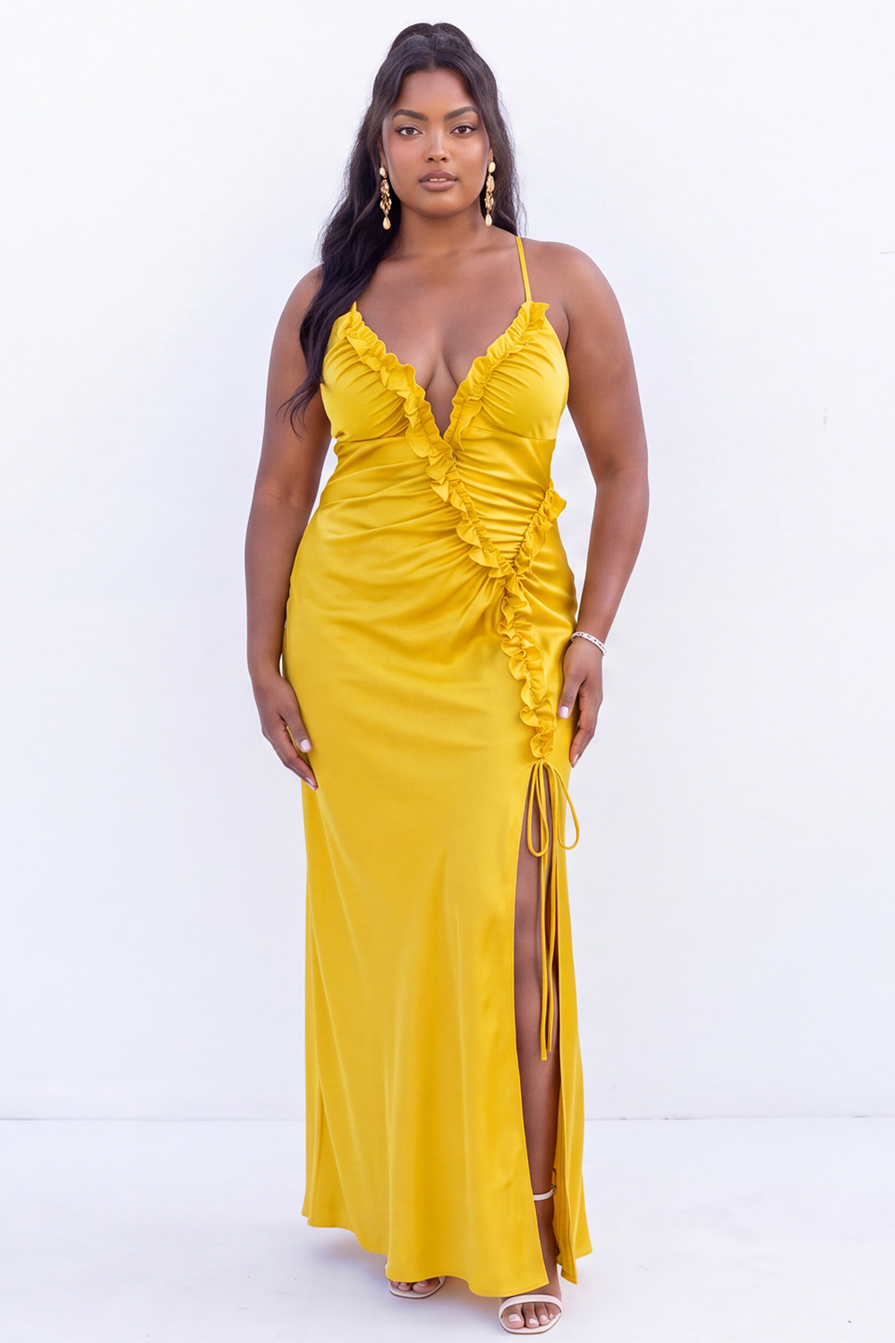 Plus Size Royal Blue Sheath Ruched Ruffle Maxi Dress with Slit