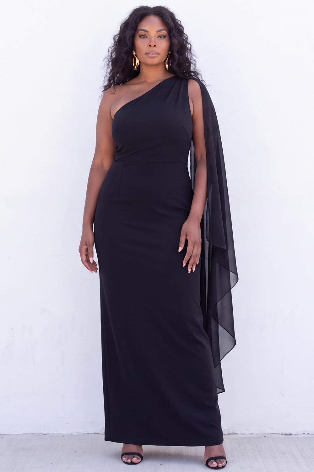 One Shoulder Black Sheath Maxi Formal Dress with Cape