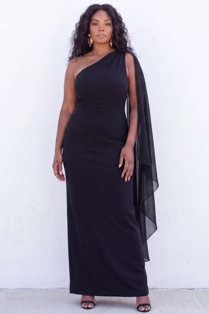 One Shoulder Black Sheath Maxi Formal Dress with Cape
