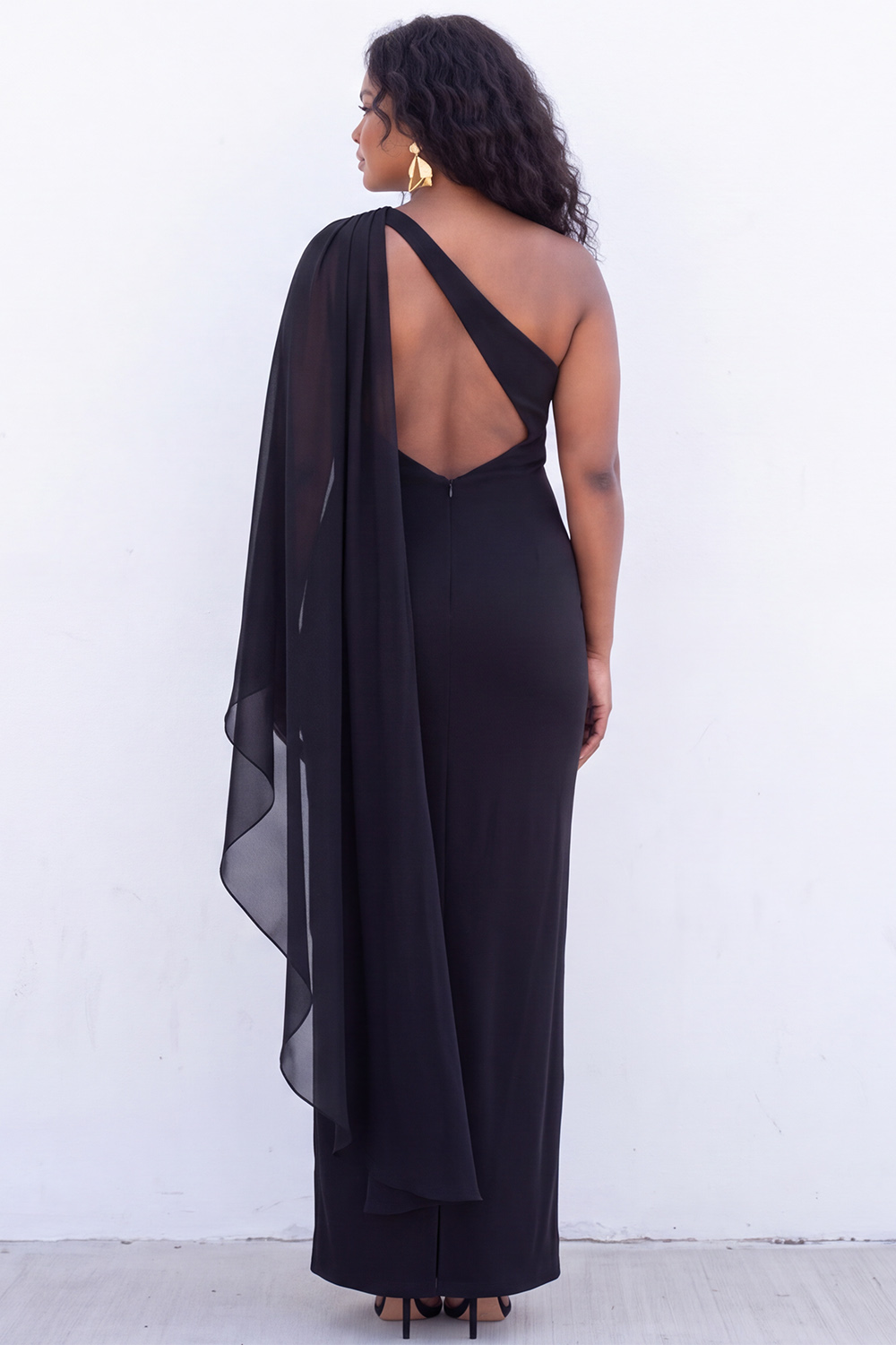 One Shoulder Black Sheath Maxi Formal Dress with Cape
