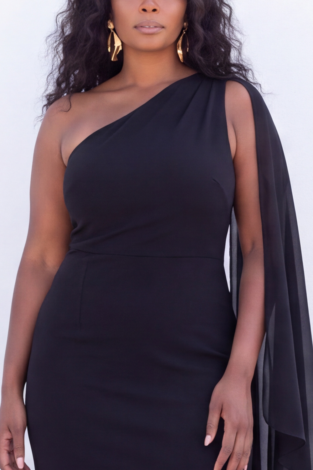 One Shoulder Black Sheath Maxi Formal Dress with Cape