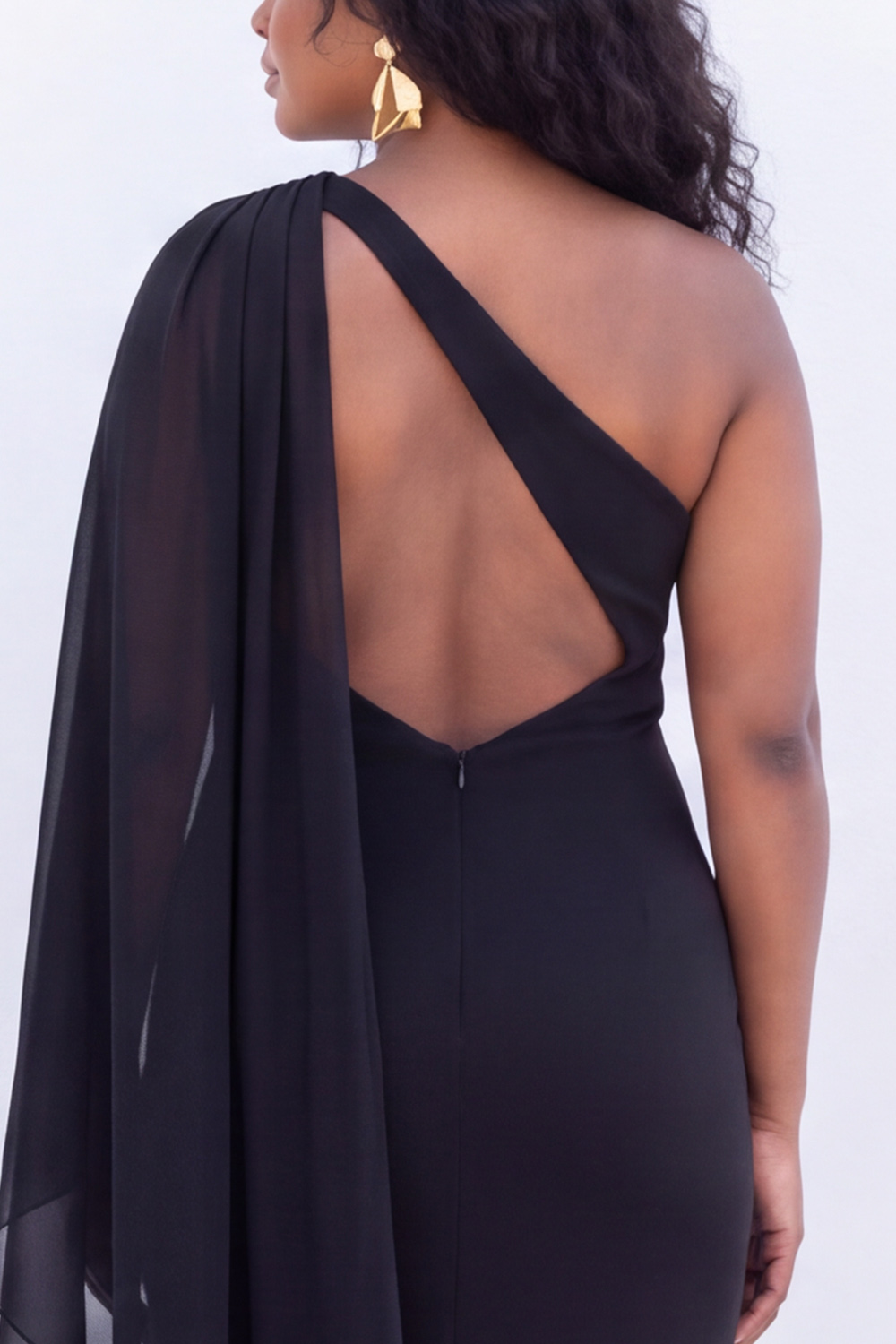 One Shoulder Black Sheath Maxi Formal Dress with Cape