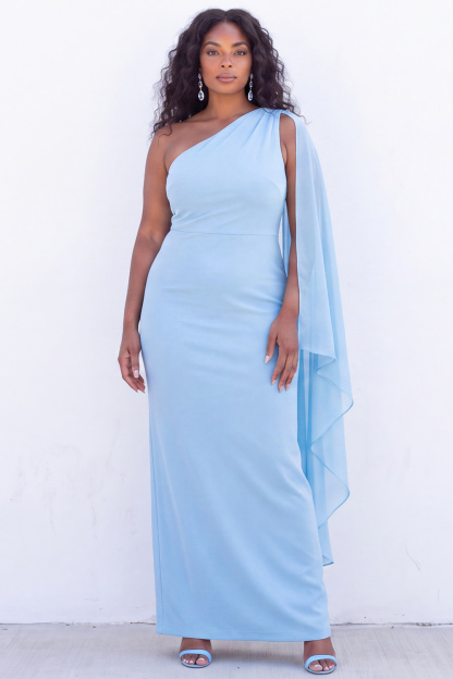 One Shoulder Black Sheath Maxi Formal Dress with Cape