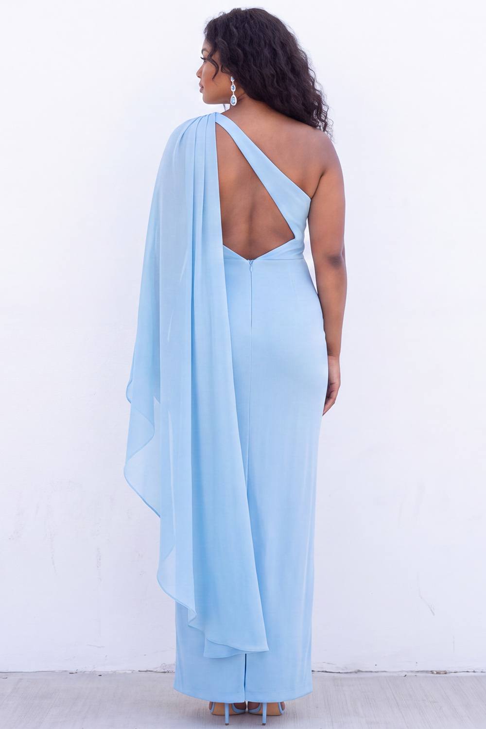 One Shoulder Black Sheath Maxi Formal Dress with Cape