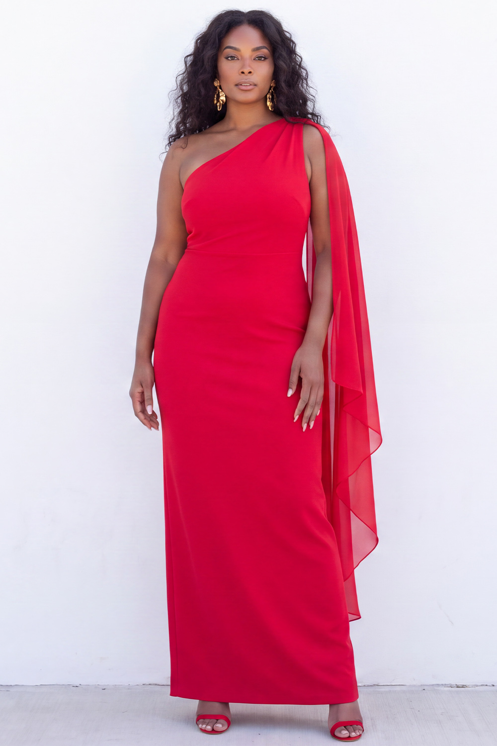 Dressself Women One Shoulder Plus Size Formal Dress Sheath Maxi Black Tie Dress with Cape