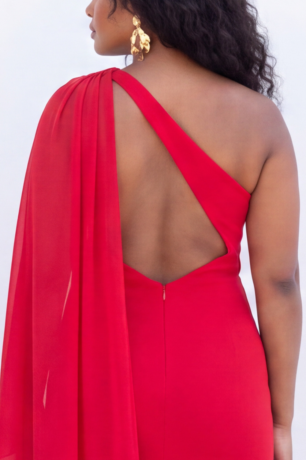 One Shoulder Black Sheath Maxi Formal Dress with Cape