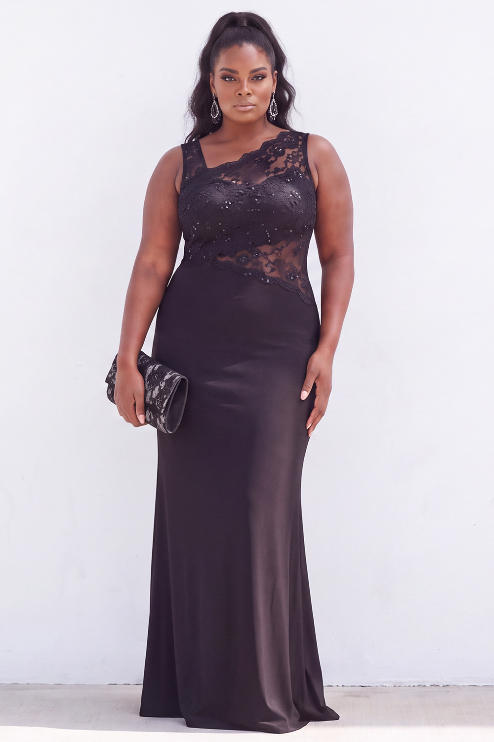 Dressself Women Black Lace Plus Size Formal Dress Asymmetrical Neck Satin Mermaid Maxi Evening Dress