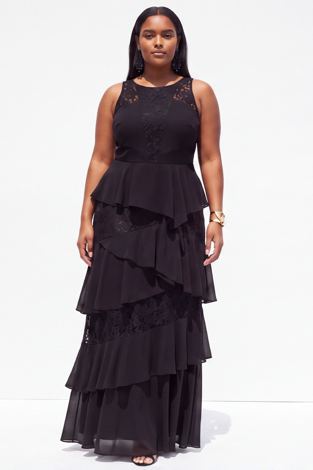 Plus Size Black A Line Tiered Ruffle Maxi Formal Dress with Lace
