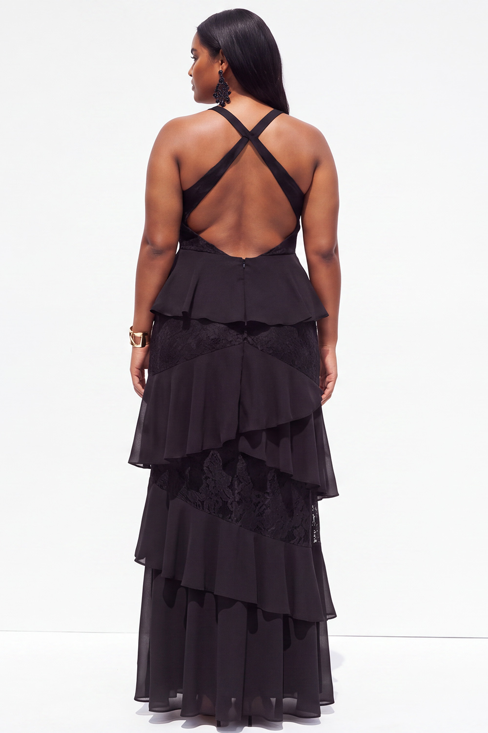 Plus Size Black A Line Tiered Ruffle Maxi Formal Dress with Lace