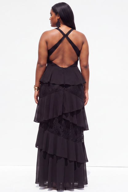 Plus Size Black A Line Tiered Ruffle Maxi Formal Dress with Lace