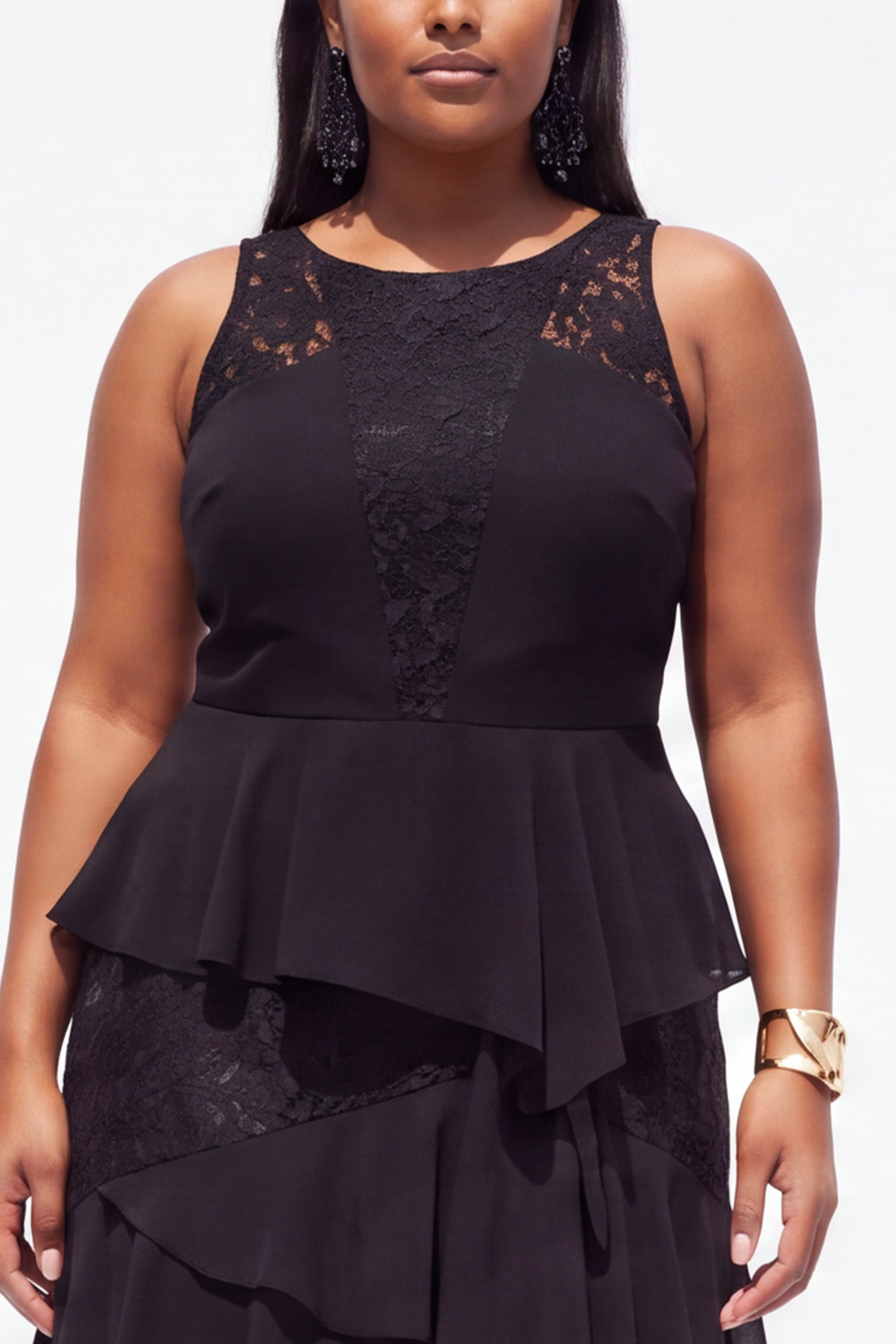 Plus Size Black A Line Tiered Ruffle Maxi Formal Dress with Lace