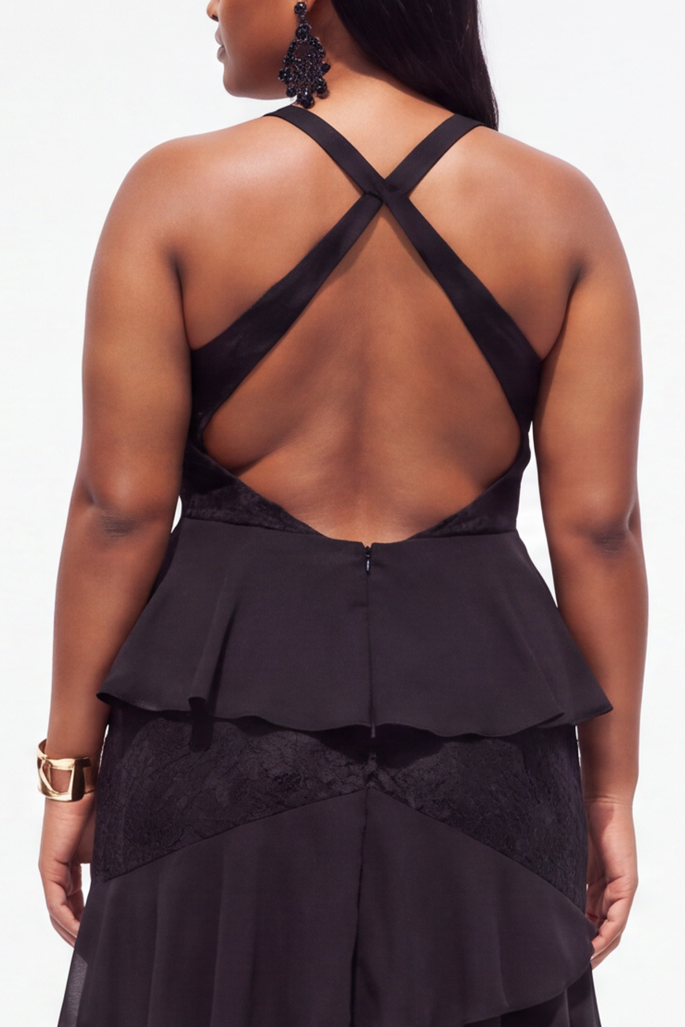 Plus Size Black A Line Tiered Ruffle Maxi Formal Dress with Lace