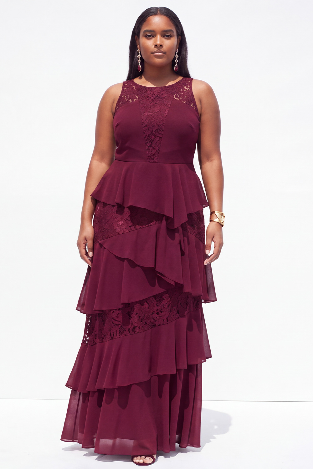Plus Size Black A Line Tiered Ruffle Maxi Formal Dress with Lace