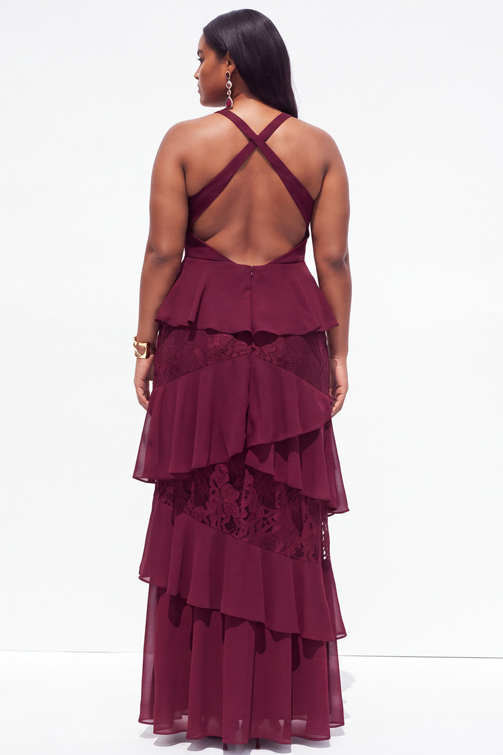 Plus Size Black A Line Tiered Ruffle Maxi Formal Dress with Lace