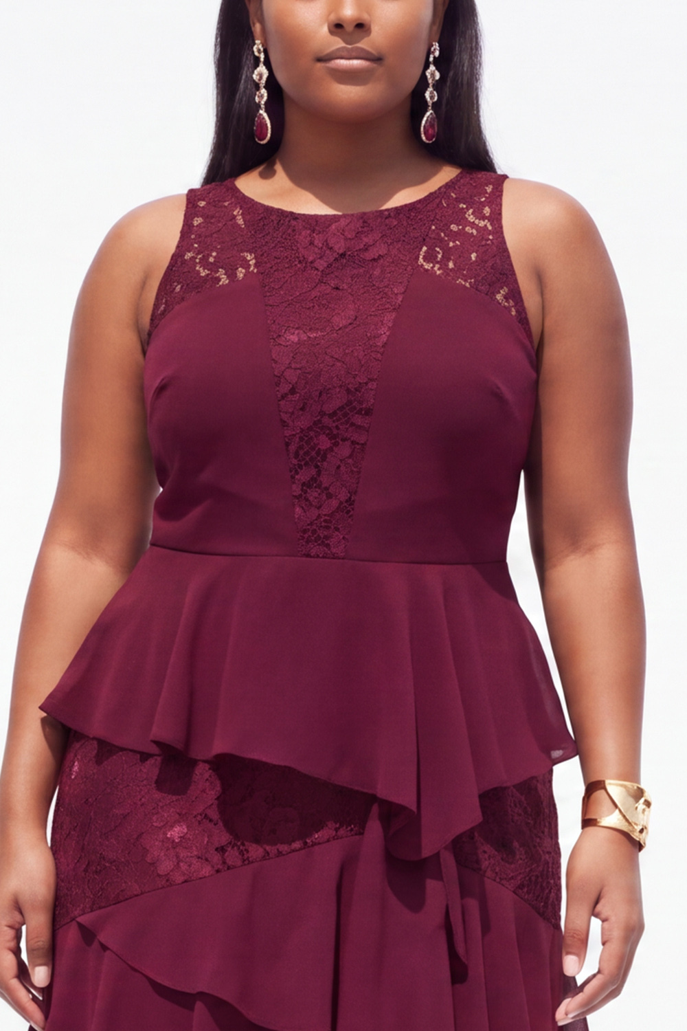 Plus Size Black A Line Tiered Ruffle Maxi Formal Dress with Lace